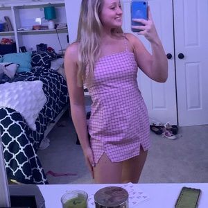 Light pink plaid, short dress.